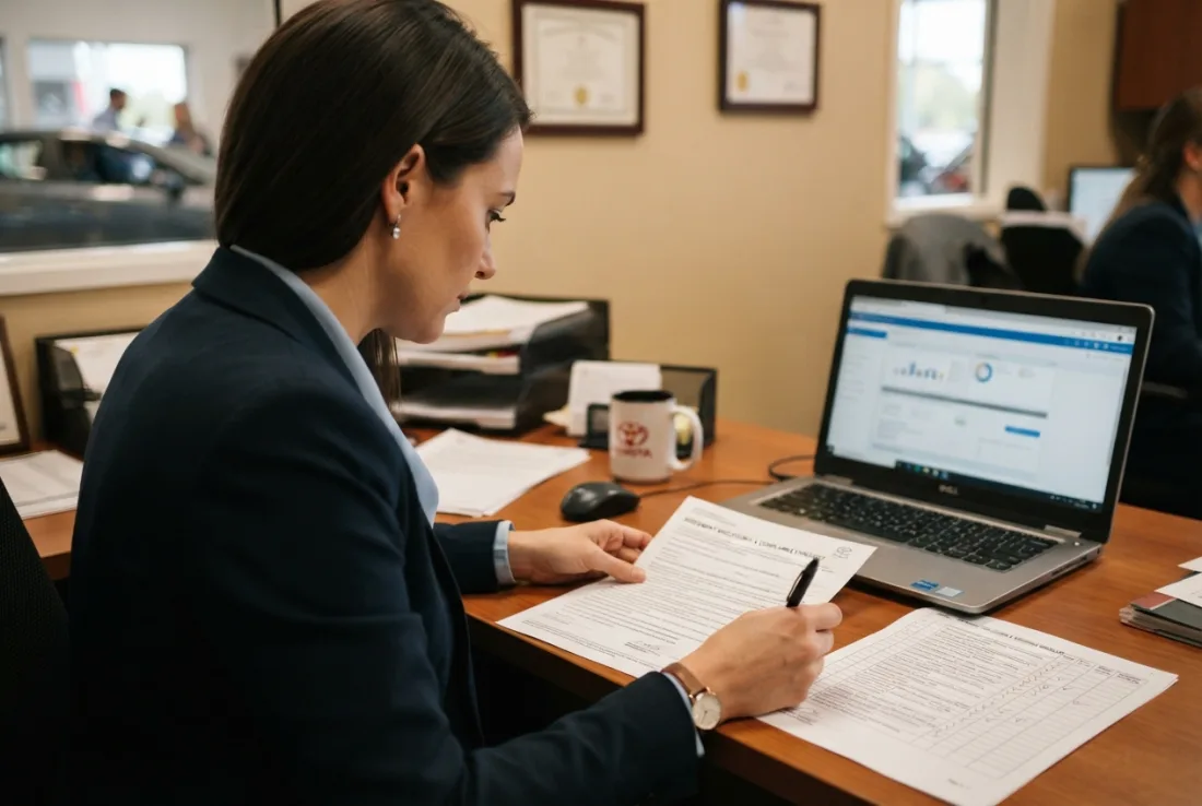 A specialist reviewing an FTC Safeguards compliance checklist at a dealership desk
