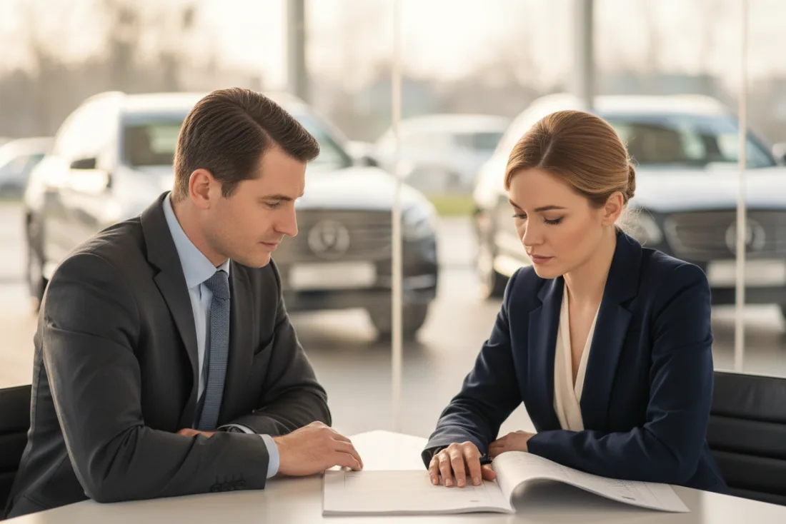 Two professionals reviewing a compliance document together at a dealership